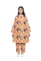 Plum Fine Lawn Yellow Brown Green Colour Printed Leaf Motifz On 2 pc suit For Girls.